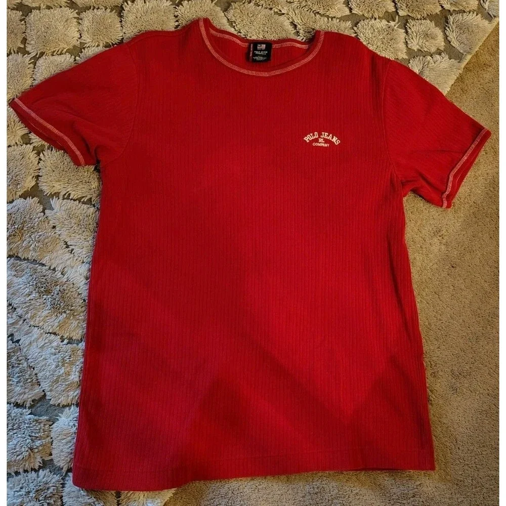 Polo Jean Company Ralph Lauren Shirt Size L Red Ribbed Logo Short Sleeve